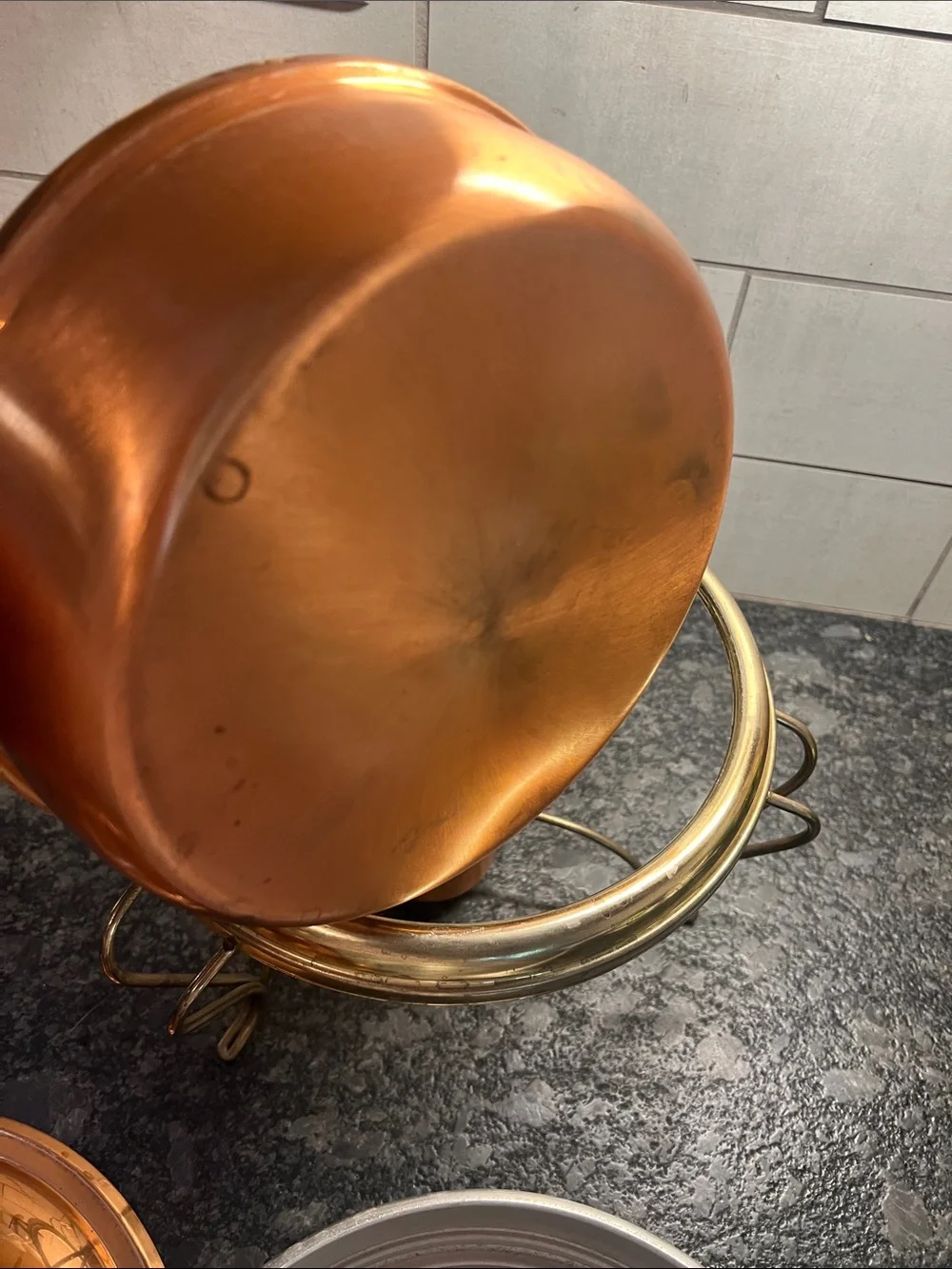 Large copper wood handled fondue pot on stand. Parties, get togethers.